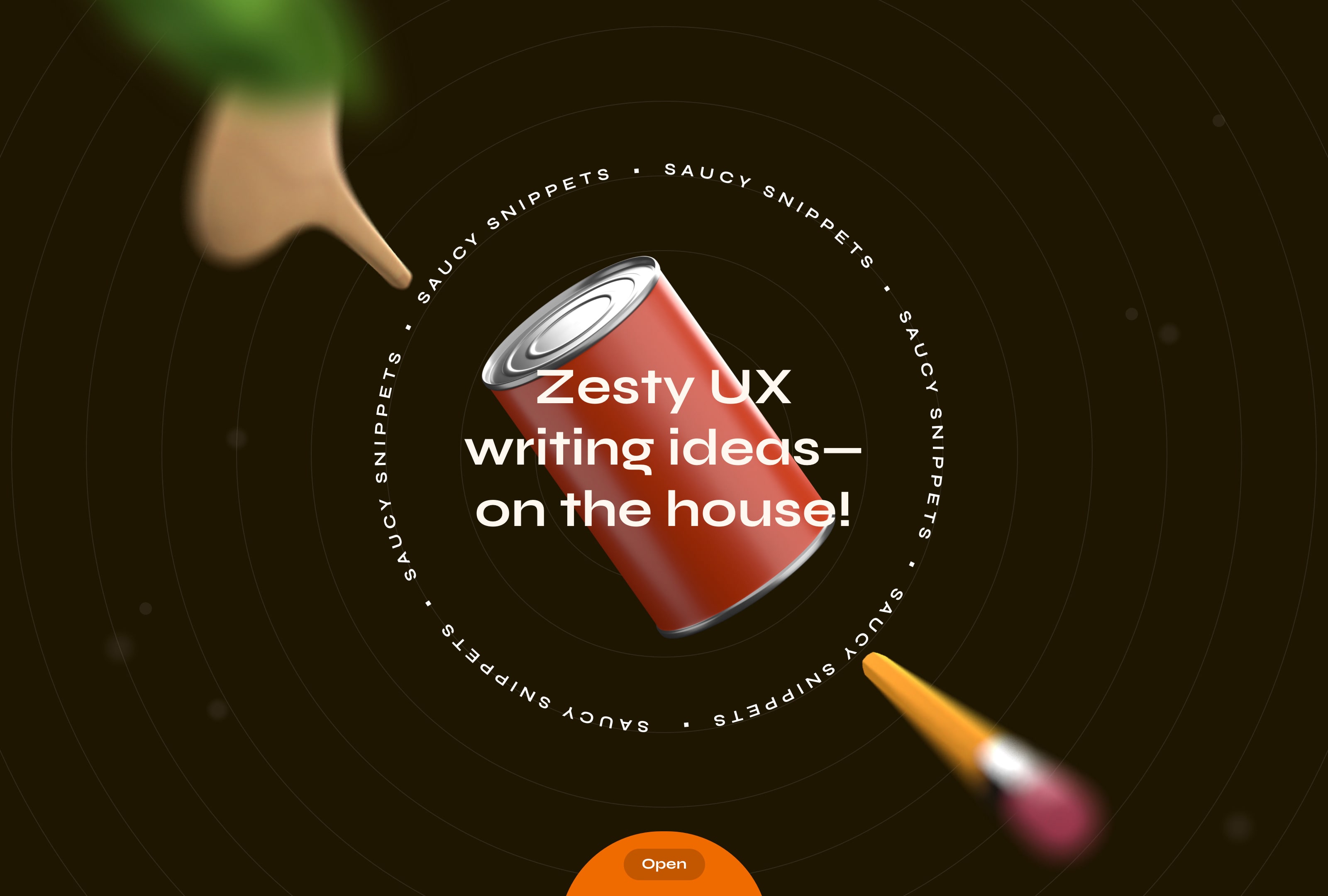 A can of sauce, spatula, pencil, and basil leaf float behind and in front of the text "Zesty UX writing ideas—on the house!"
