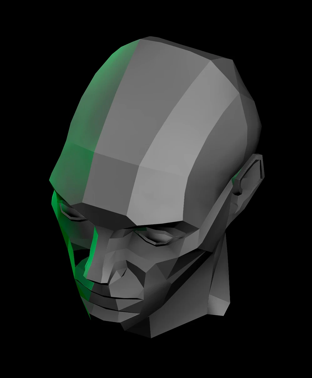 3D low-poly gray and green human head model viewed from above and slightly to the side.