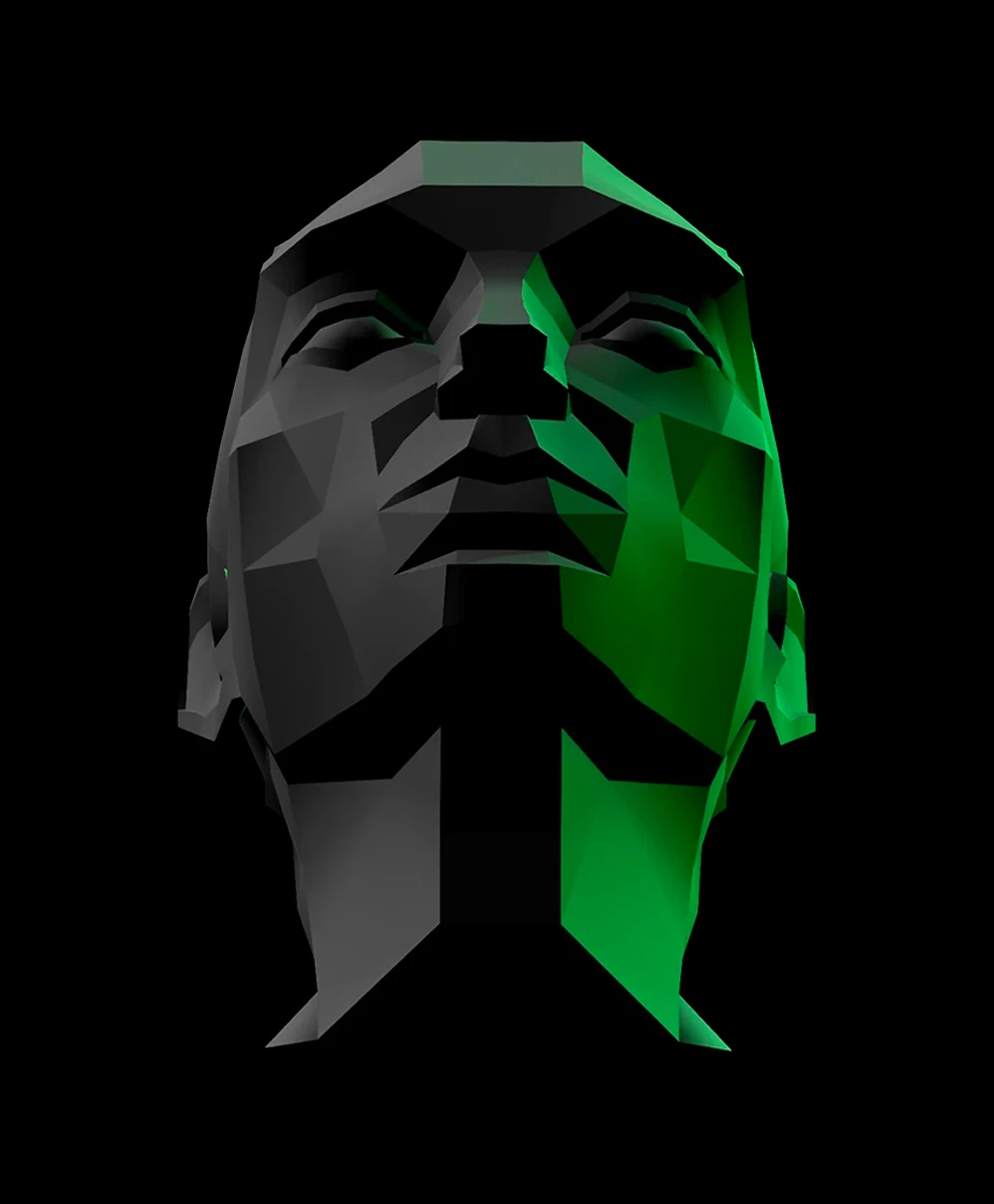 Low-poly 3D rendering of a human head with black and green shading viewed from below.