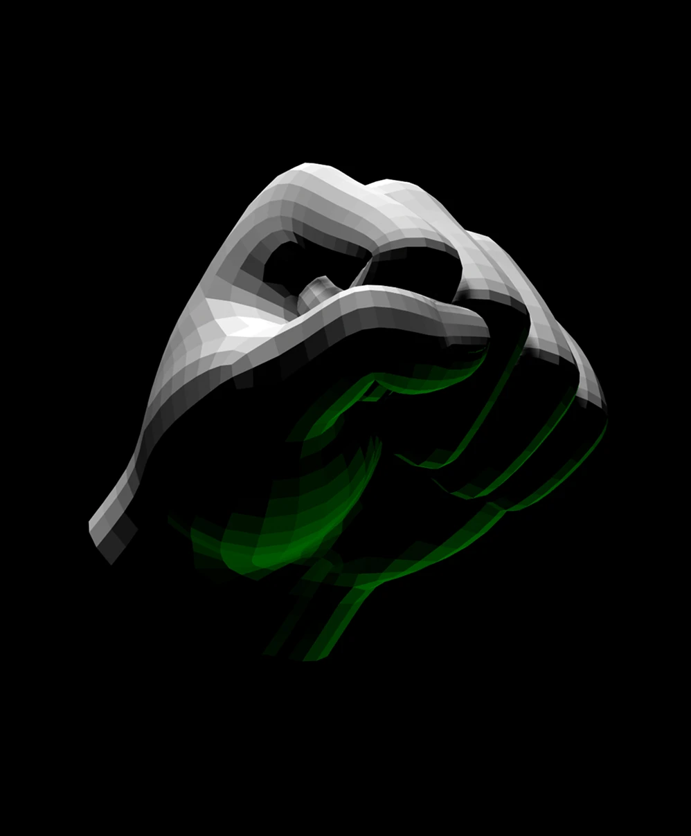 Fist in 3 quarter view angled slightly upward with bright light above, deep shadows, and rim light below