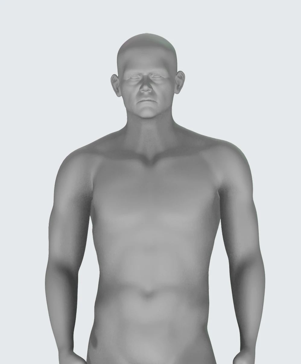 3D rendered grayscale model of a male upper body with underlighting casting shadows upward.