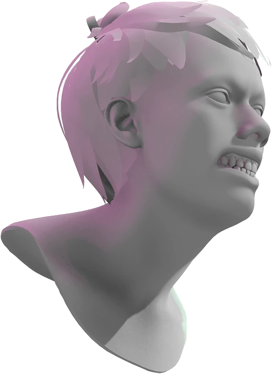 3D-rendered person with a tense expression, gritting teeth, and strands of hair highlighted in purple light.