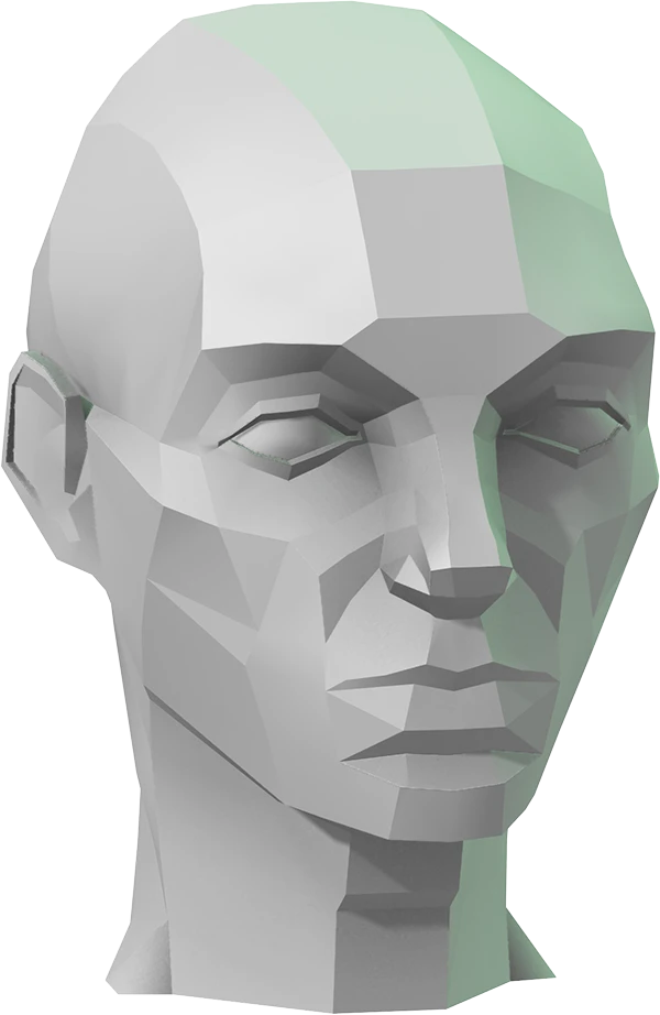 Asaro head planar model in light color with bright lighting and green rim light.