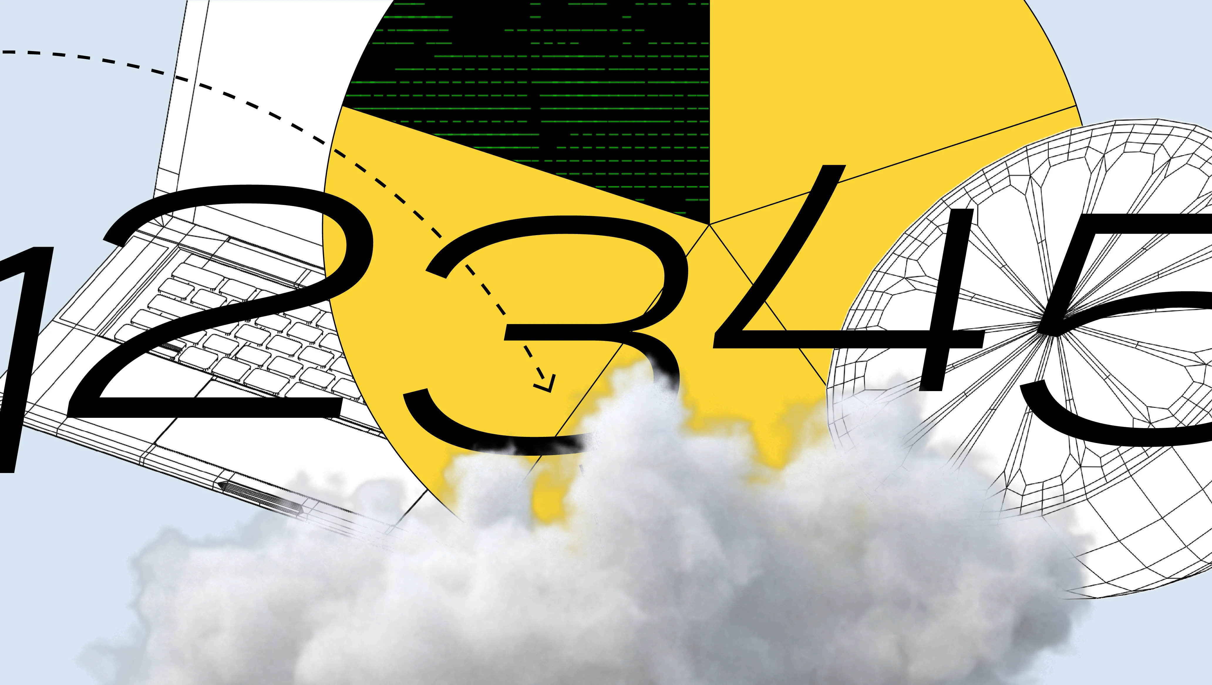 The numbers 1 through 5 overtop a laptop, pie chart, and clouds