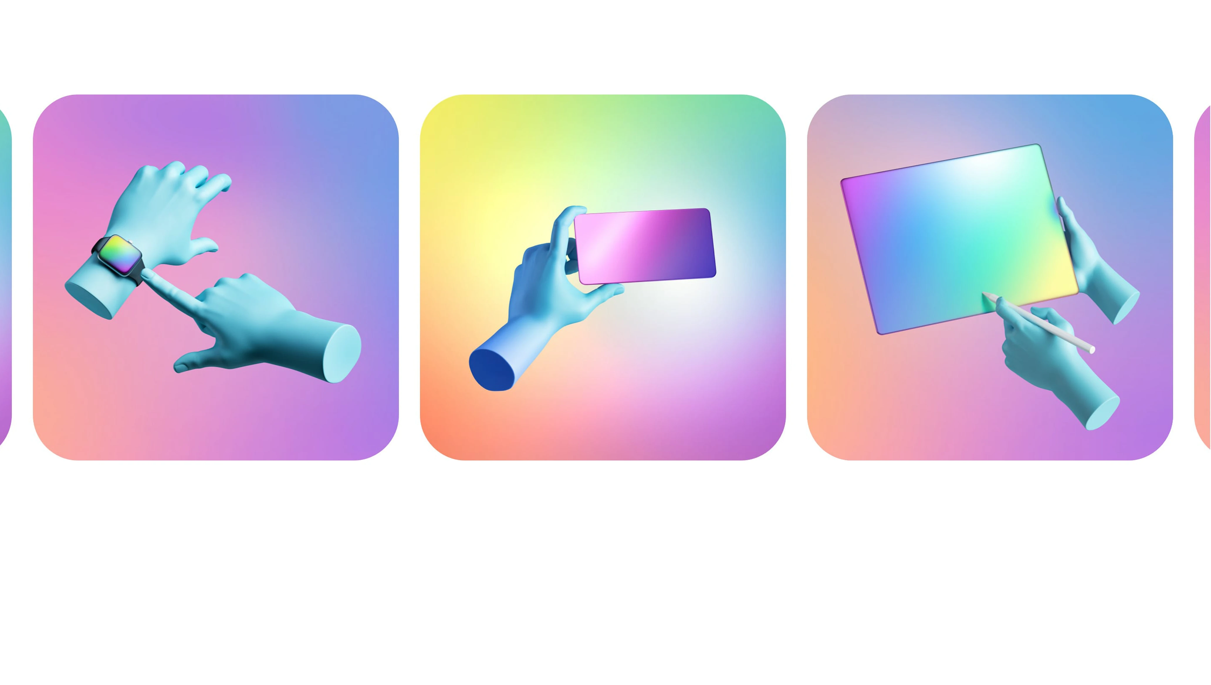 A series of multi-colored mannequin hands and mobile devices