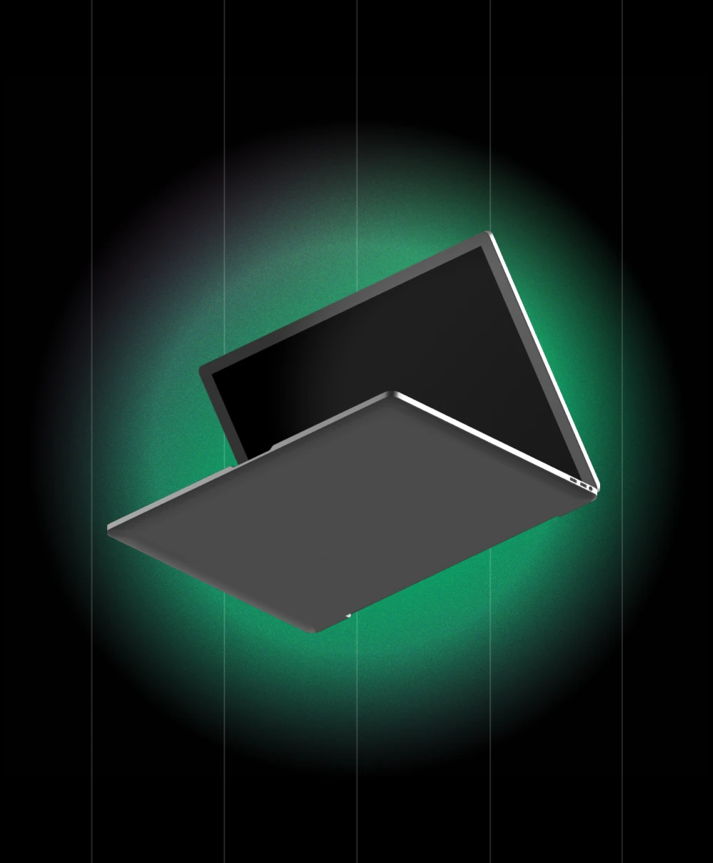 Open laptop floating against a black background with green circular gradient.
