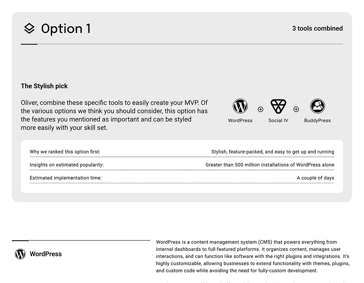 A UI component showcasing logical information grouping and icon-based signaling to help users navigate complex technical tool recommendations.
