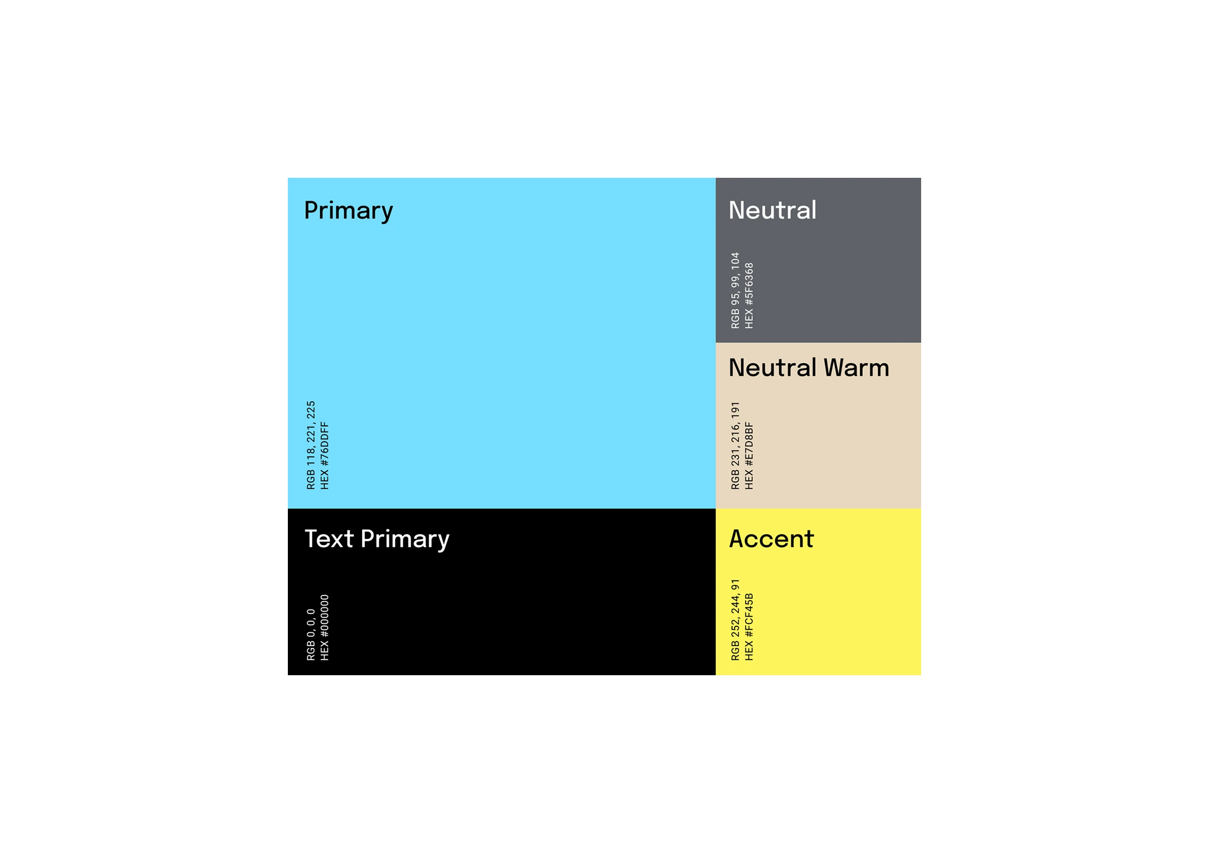 A color palette featuring blocks for primary, neutral, and accent colors, demonstrating semantic naming conventions and scalable design system architecture.