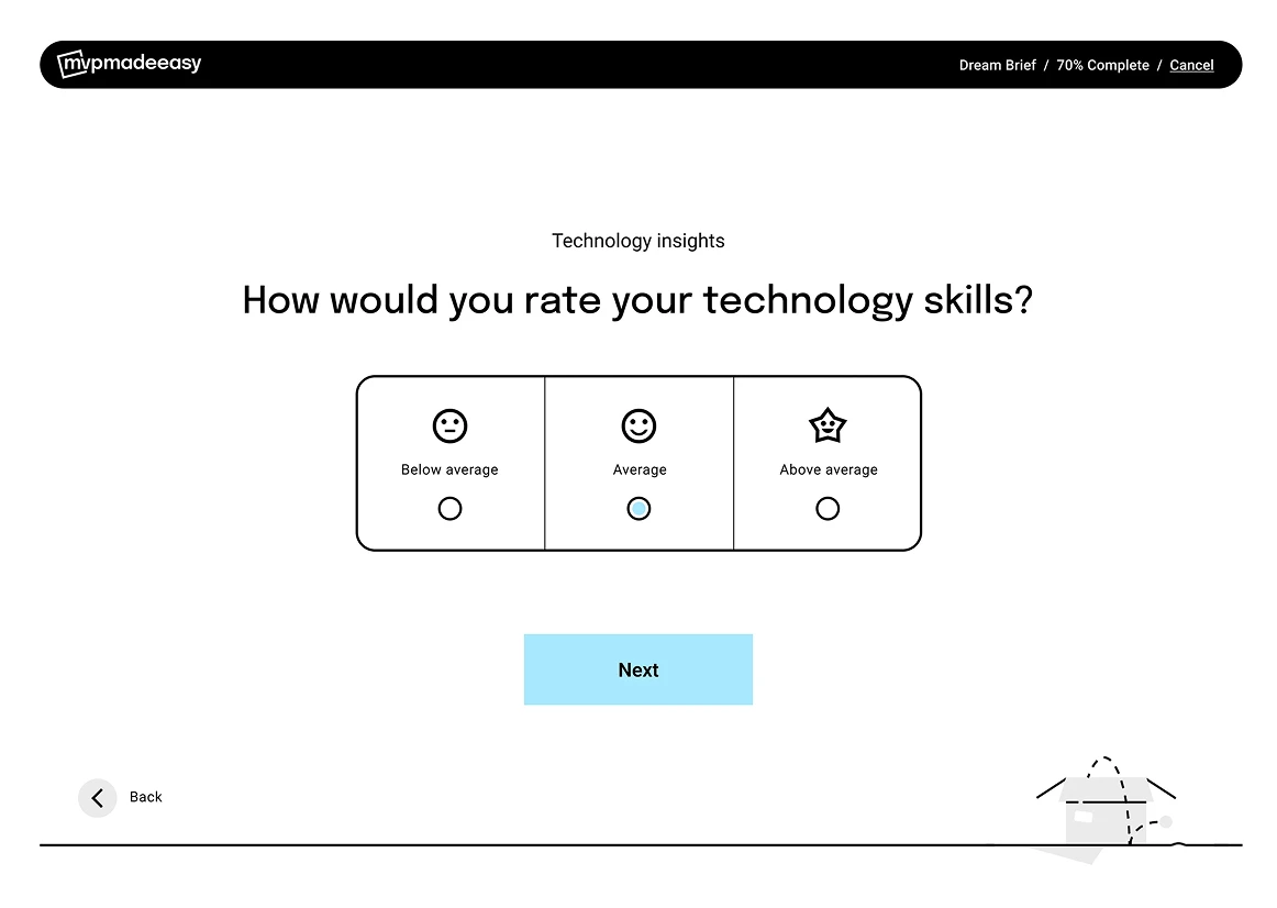 Onboarding UI using emojis to help founders self-rate technical skills, demonstrating a low-friction approach to data collection.