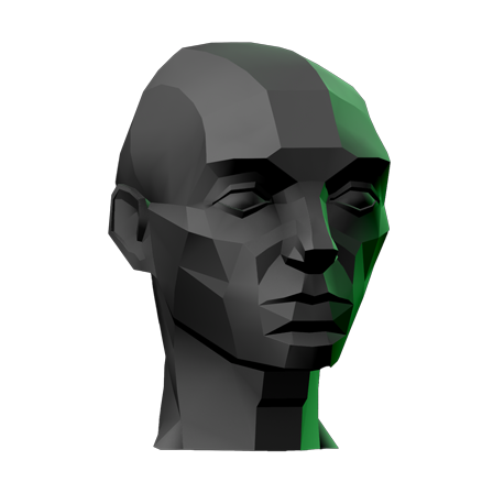 Asaro head planar model in dark color with dramatic lighting and green rim light.