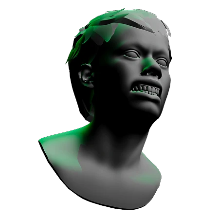 3D bust of a person with an angry expression, teeth clenched and green highlights on the face and shoulders.