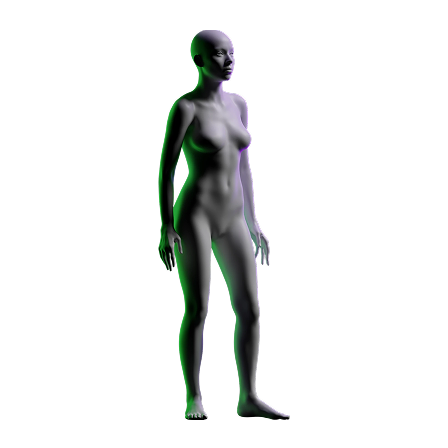 3D rendered female figure standing with green and purple lighting.